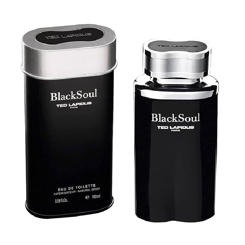 Black 'BlackSoul' Ted Lapidus perfume bottle and packaging on a white background