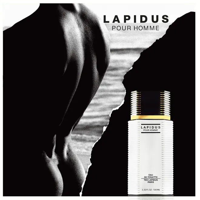 Lapidus pour Homme perfume bottle with a silhouette of a person holding a rock.