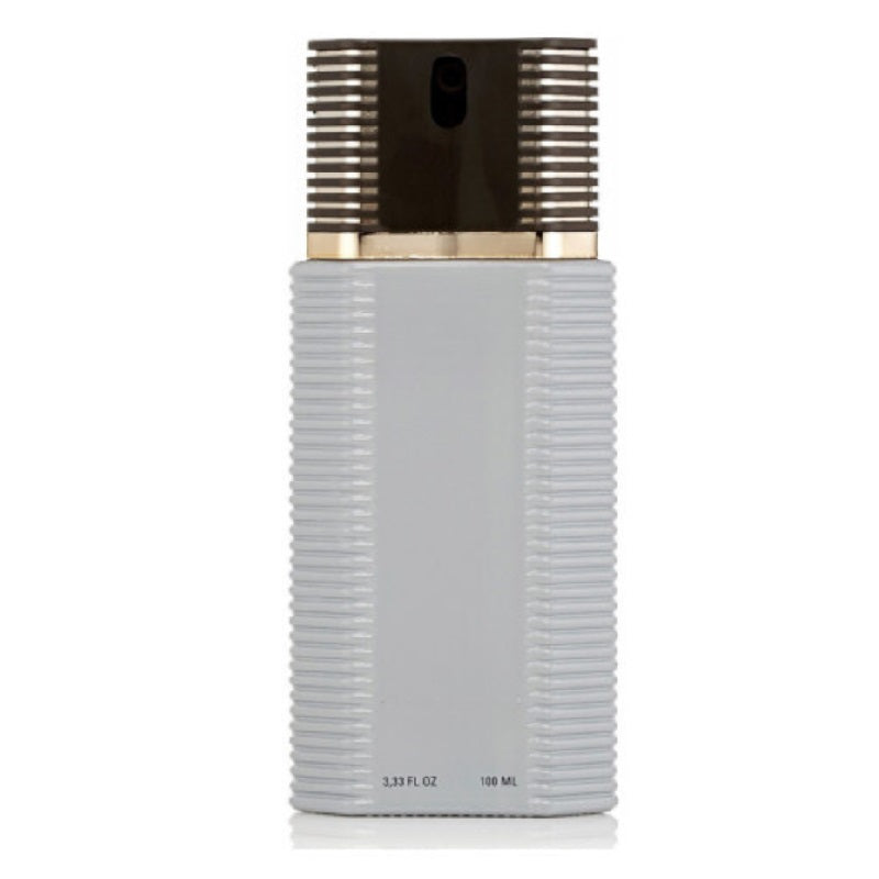 White ribbed spray bottle with gold cap on a white background