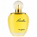 A bottle of Ted Lapidus Rumba perfume, featuring a ribbed yellow glass body, a shiny gold neck, and a clear ribbed spherical cap, set against a plain white background.
