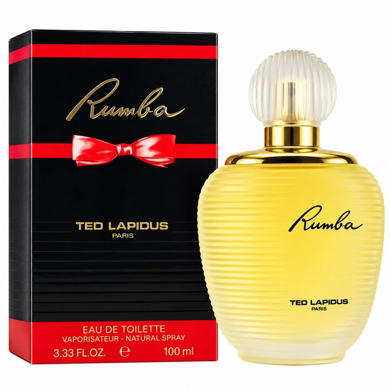 Ted Lapidus Rumba Eau de Toilette bottle and packaging box. The bottle is a ribbed frosted glass filled with pale yellow liquid, topped with a clear ribbed cap and a gold collar.