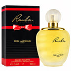 Ted Lapidus Rumba Eau de Toilette bottle and packaging box. The bottle is a ribbed frosted glass filled with pale yellow liquid, topped with a clear ribbed cap and a gold collar.