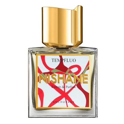 A square-shaped perfume bottle with a clear glass body and a gold-colored cap. The label features the brand name NISHANE in red and white text.