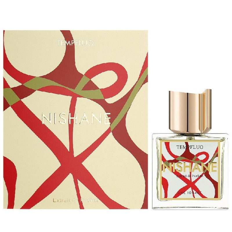 Product image showing a perfume bottle with a gold cap and a label that reads 'NISHANE'. Next to the bottle is a packaging with a red and white design.