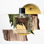 Perfume bottle labeled 'Terre d'Hermes' with a tree bark and leaf background