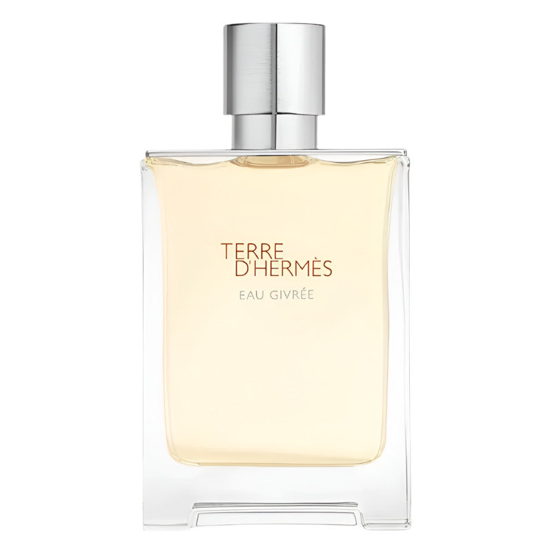 A glass bottle of Terre d'Hermes Eau Givree Eau de Parfum by Hermès with a white cap and yellow-tinted liquid inside.