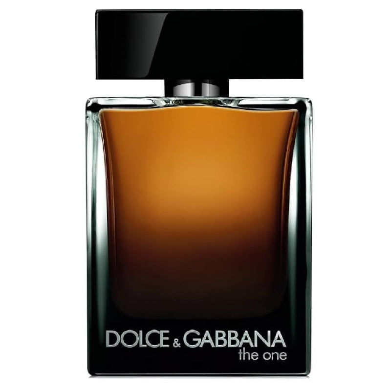 A bottle of Dolce & Gabbana 'The One' Eau de Parfum for men, with a dark amber liquid visible and the brand name displayed on the label.