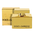 A square-shaped gold-colored perfume bottle with the label 'DOLCE & GABANNA the one' accompanied by its box, both featuring a reflective surface.