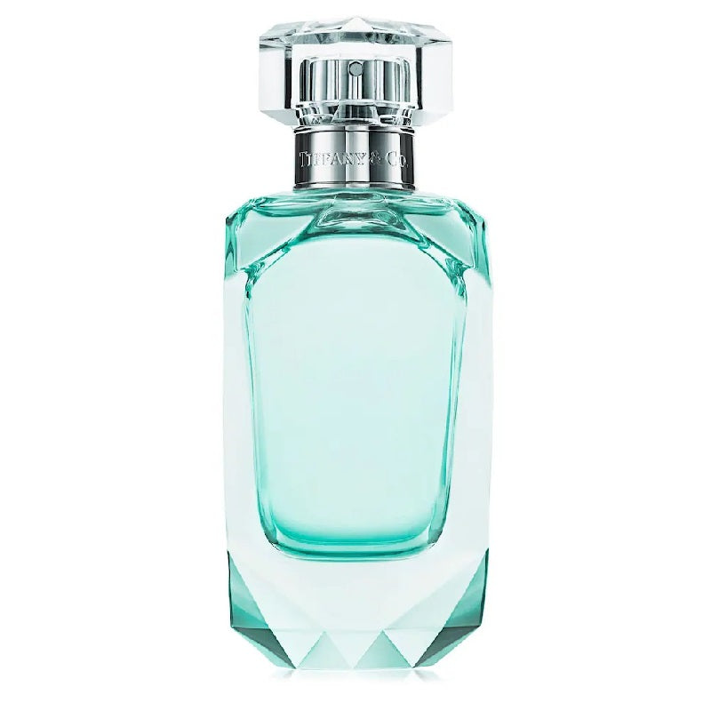 A bottle of Tiffany by Tiffany Eau de Parfum with a clear, faceted glass design and a silver cap.