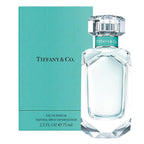 Tiffany & Co. Eau de Parfum in a clear glass bottle with a cap, alongside its blue packaging box.