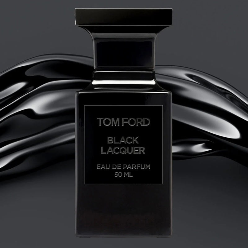 Tom Ford Black Lacquer Eau de Parfum 50ml bottle in glossy black glass, centered against a dark background with abstract black liquid waves behind it.