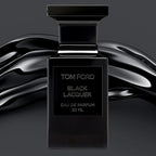 Tom Ford Black Lacquer Eau de Parfum 50ml bottle in glossy black glass, centered against a dark background with abstract black liquid waves behind it.