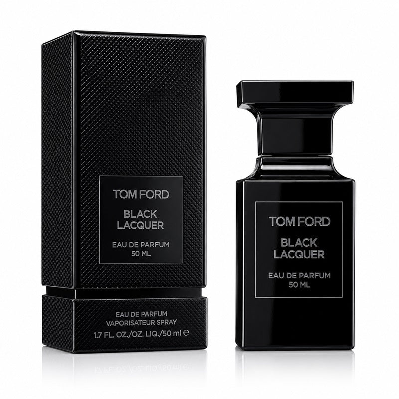 Tom Ford Black Lacquer Eau de Parfum 50ml bottle and its matching black textured packaging box, displayed side-by-side on a clean white background.
