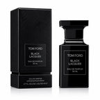 Tom Ford Black Lacquer Eau de Parfum 50ml bottle and its matching black textured packaging box, displayed side-by-side on a clean white background.