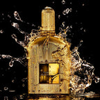 Gold bottle covered by water droplets on a black background