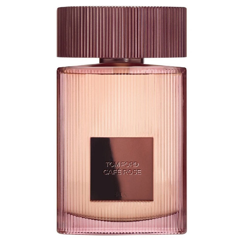 A bottle of Tom Ford's Cafe Rose Eau de Parfum with a pink hue and a ribbed cap.
