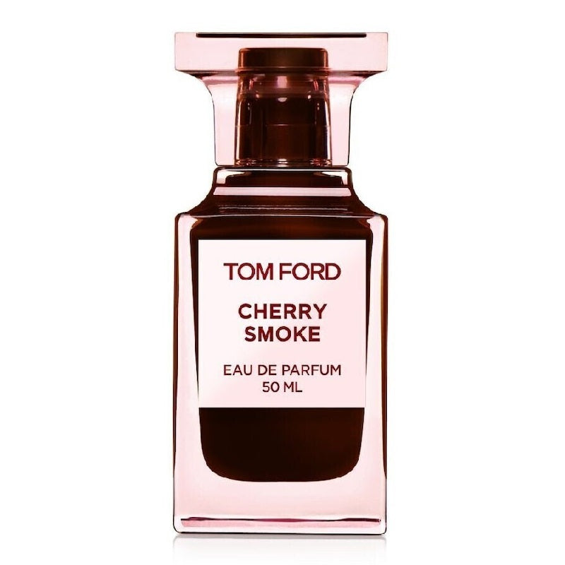 A 50ml bottle of Tom Ford's Cherry Smoke Eau de Parfum with a pink tinted glass container and a white label.