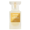 A white bottle of Tom Ford Eau De Soleil Blanc perfume with a gold label.