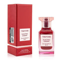 Tom Ford Electric Cherry Eau De Parfum bottle next to its red box packaging, with product details visible.