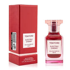 Tom Ford Electric Cherry Eau De Parfum bottle next to its red box packaging, with product details visible.
