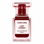 Tom Ford Lost Cherry Eau de Parfum 30ml bottle, featuring a translucent pink glass bottle filled with deep red liquid and a white label with black text.