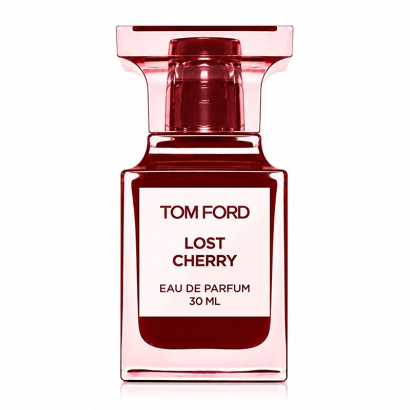 Tom Ford Lost Cherry Eau de Parfum 30ml bottle, featuring a translucent pink glass bottle filled with deep red liquid and a white label with black text.