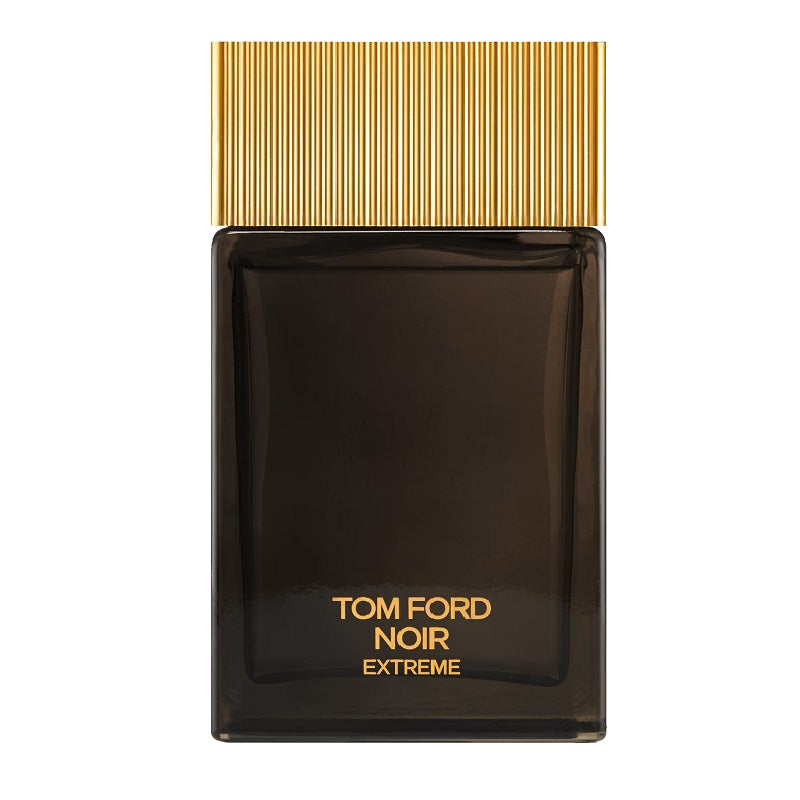 Tom Ford Noir Extreme perfume bottle with gold cap on a white background
