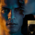 Close-up of a person's face with a Tom Ford Noir Extreme box in the corner.