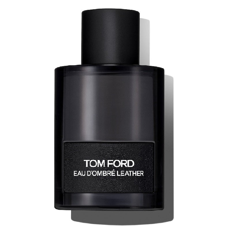 A black bottle of Tom Ford Ombre Leather Eau de Parfum with a simple, elegant design.