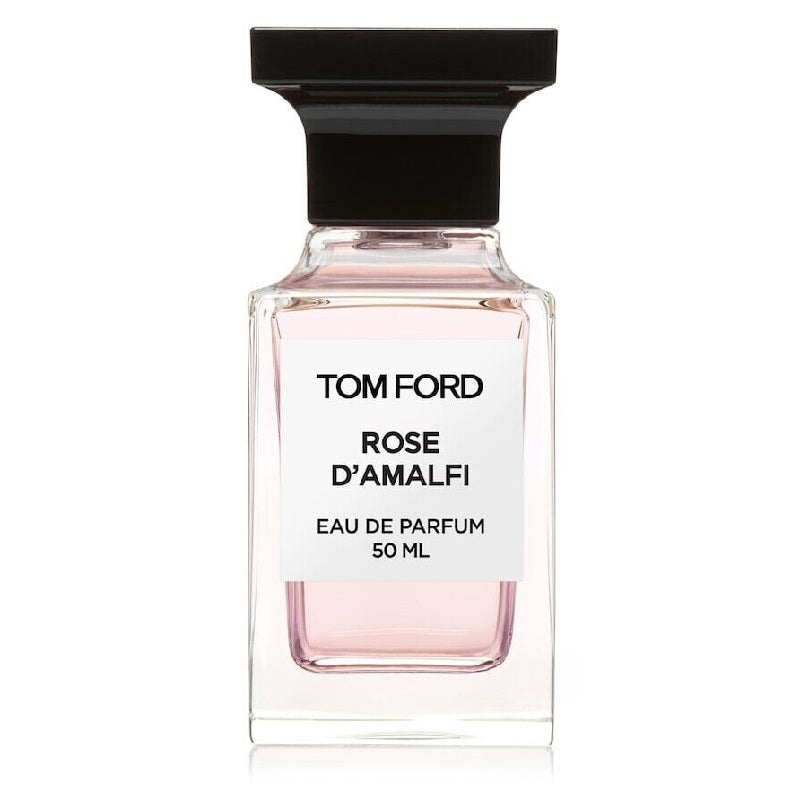 A glass bottle of Tom Ford Rose D'Amalfi Eau de Parfum with a black cap and a label indicating it is a 50ml perfume.