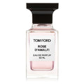 A glass bottle of Tom Ford Rose D'Amalfi Eau de Parfum with a black cap and a label indicating it is a 50ml perfume.