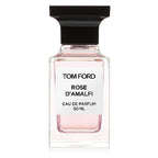 A glass bottle of Tom Ford Rose D'Amalfi Eau de Parfum with a black cap and a label indicating it is a 50ml perfume.