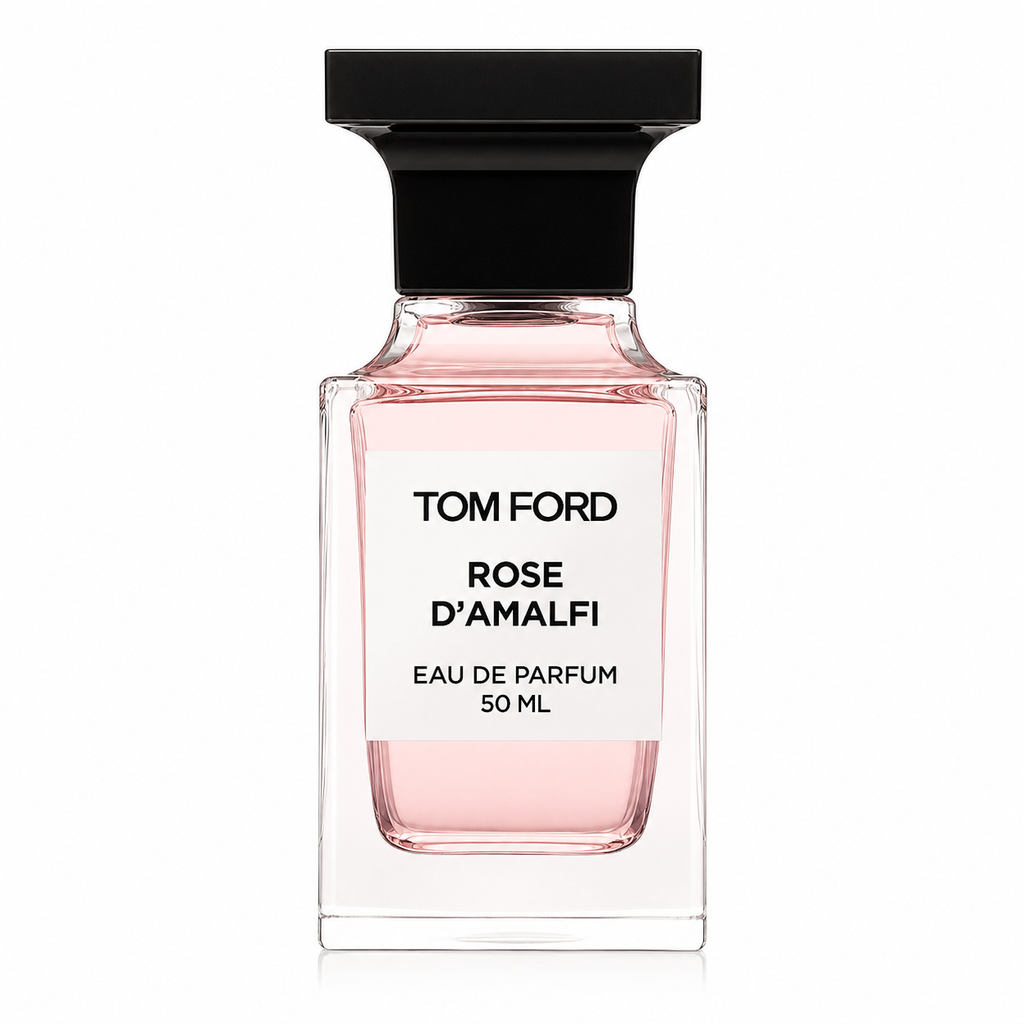 Tom Ford Rose D'Amalfi Eau de Parfum bottle featuring the elegant translucent blush-pink Private Blend flacon on a clean white background.