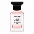 Tom Ford Rose D'Amalfi Eau de Parfum bottle featuring the elegant translucent blush-pink Private Blend flacon on a clean white background.