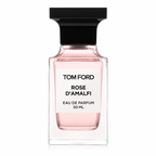 Tom Ford Rose D'Amalfi Eau de Parfum bottle featuring the elegant translucent blush-pink Private Blend flacon on a clean white background.