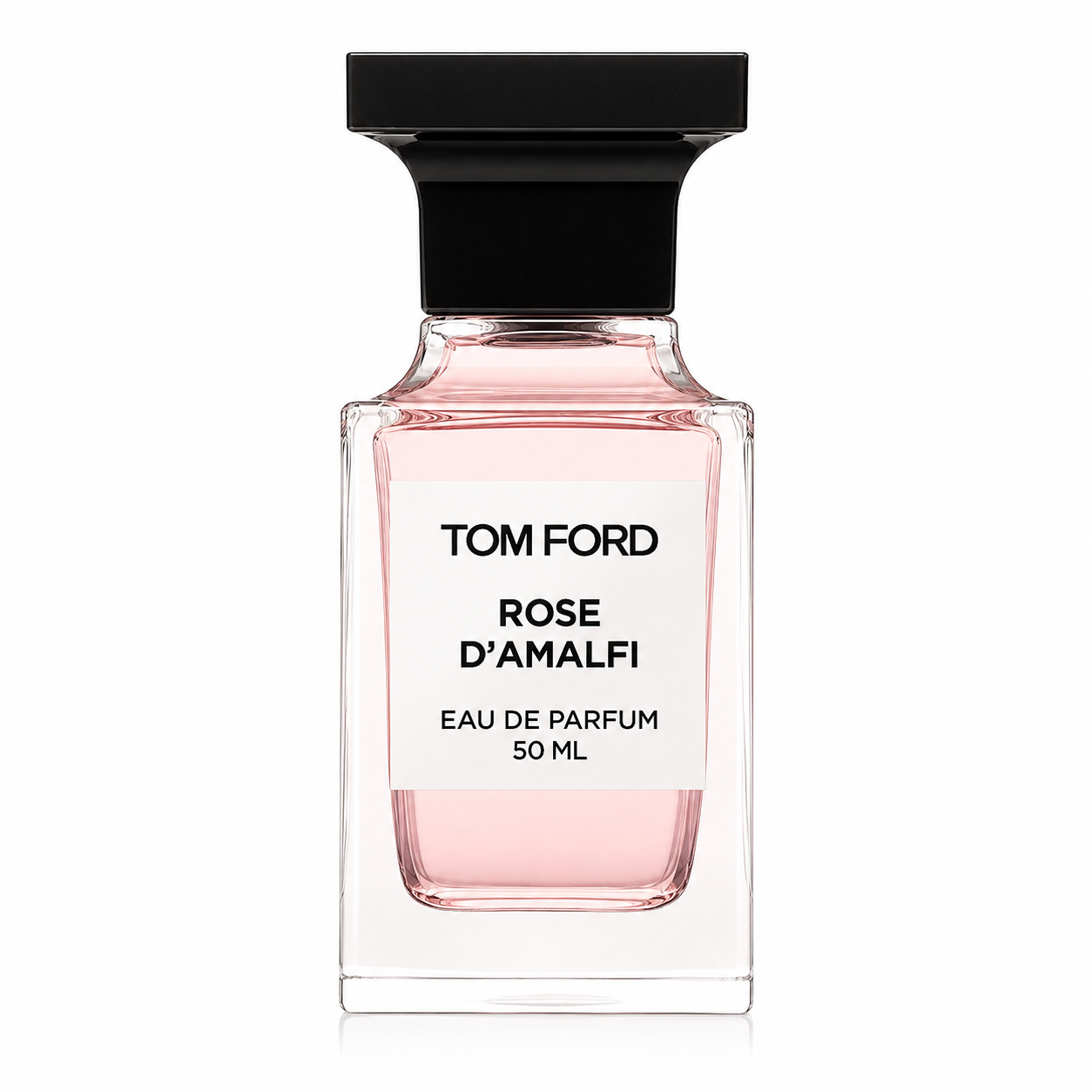 Tom Ford Rose D'Amalfi Eau de Parfum bottle featuring the elegant translucent blush-pink Private Blend flacon on a clean white background.