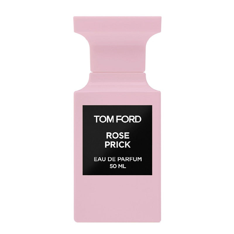 A pink bottle of Tom Ford Rose Prick Eau de Parfum with a black label.