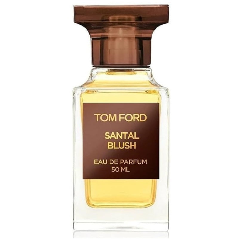 A glass bottle of Tom Ford Santal Blush Eau de Parfum with a brown cap and a label indicating it is a 50ml perfume.