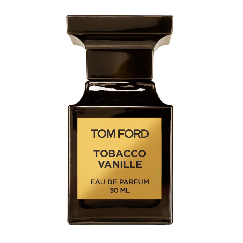 A 30ml bottle of Tom Ford Tobacco Vanille Eau de Parfum with a black cap and a gold label.