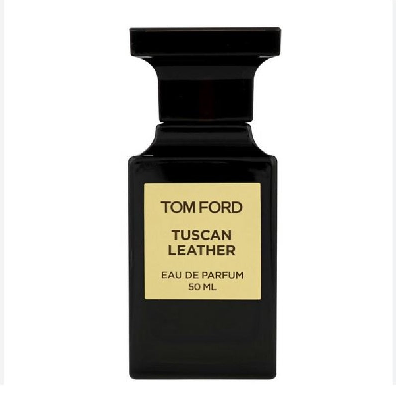 A 50ml bottle of Tom Ford Tuscan Leather Eau de Parfum with a black cap and a label featuring the product name and the scent's classification.