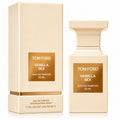 Tom Ford Vanilla Sex Eau de Parfum 50ml bottle next to its textured cream-colored packaging box, both featuring a gold label.
