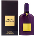 Tom Ford Velvet Orchid Eau de Parfum presentation with the signature deep violet bottle beside the matching luxury retail box on a pure white background.