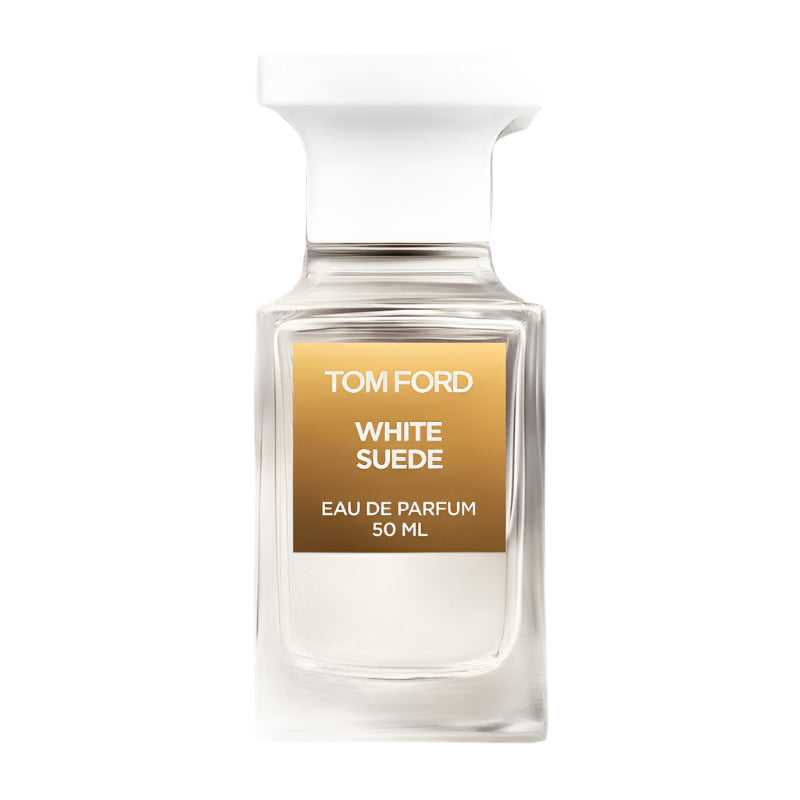 A glass bottle of Tom Ford White Suede Eau de Parfum with a white cap and a label that includes the product name and the fragrance family - 'Eau de Parfum 50ml'.