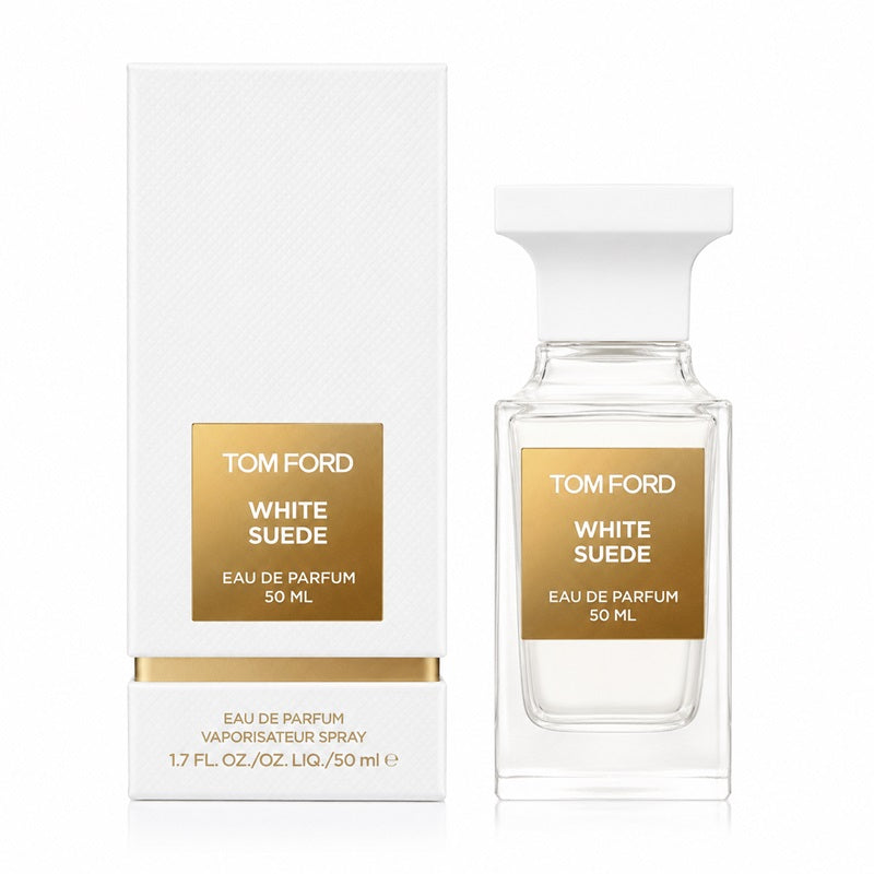 Tom Ford White Suede Eau de Parfum 50ml bottle next to its white and gold packaging box, set against a clean white background.