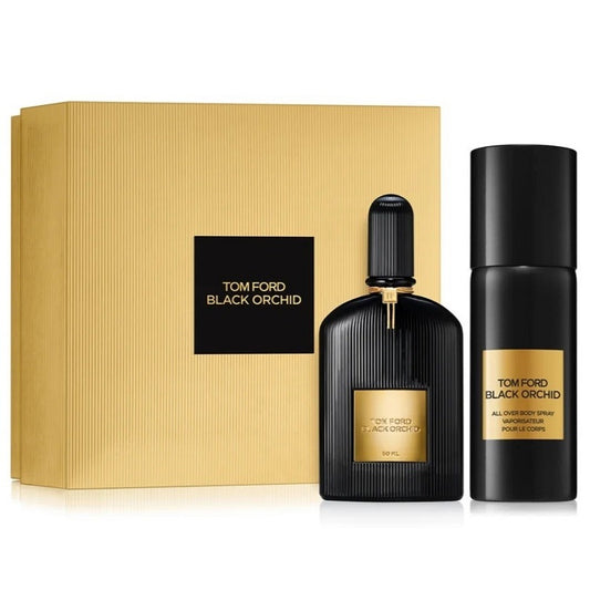 Tom Ford Black Orchid perfume set with a gold box on a white background