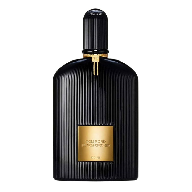 Black perfume bottle with gold accents on a white background