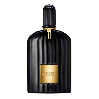 Black perfume bottle with gold accents on a white background