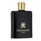 Black Trussardi perfume bottle with gold cap on a white background