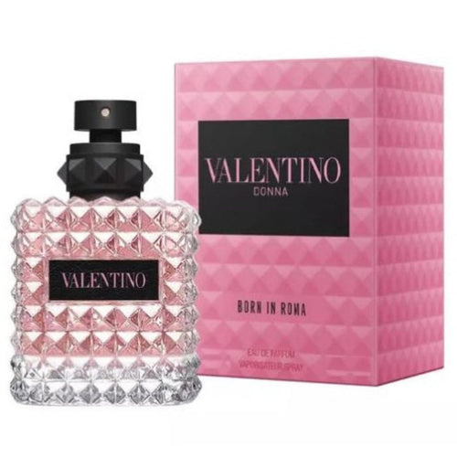Valentino Donna Born In Roma Eau de Parfum bottle with pink packaging and a quilted design, and the product box