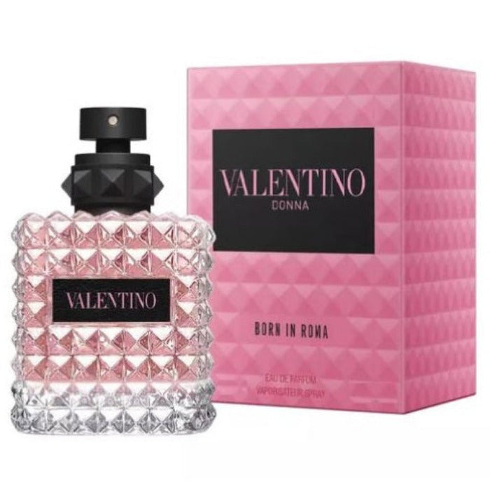 Valentino Donna Born In Roma Eau de Parfum bottle with pink packaging and a quilted design, and the product box